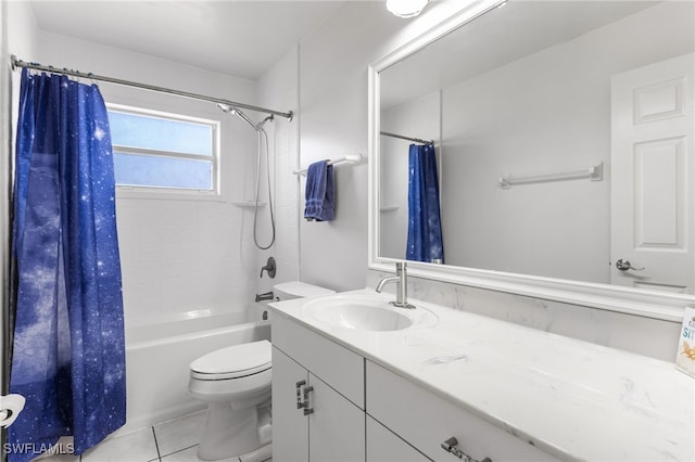 full bathroom featuring vanity, tile patterned flooring, toilet, and shower / bathtub combination with curtain