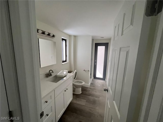 bathroom featuring vanity, hardwood / wood-style flooring, and toilet