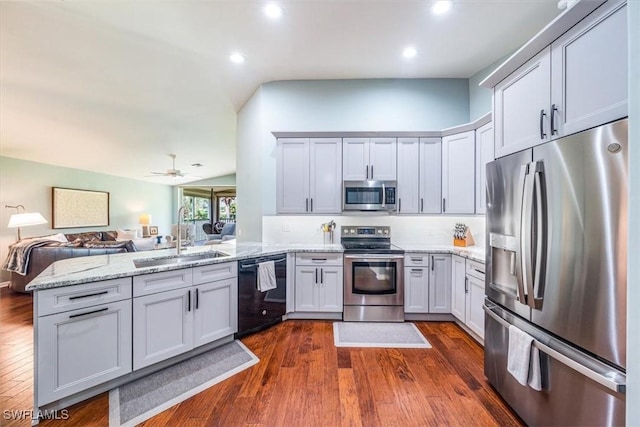 kitchen featuring sink, dark wood-type flooring, appliances with stainless steel finishes, light stone counters, and kitchen peninsula