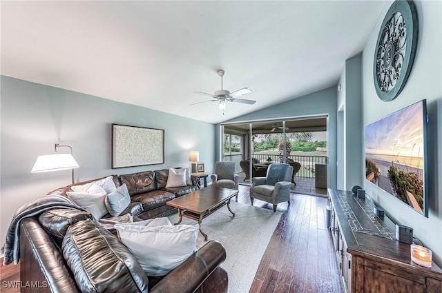 23566 Sandycreek Ter Unit 1409, Estero, FL 34135 - living area featuring vaulted ceiling, ceiling fan, and dark wood-style flooring