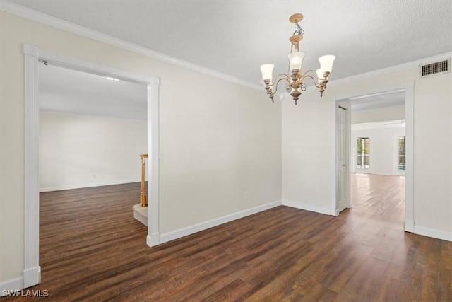 empty room with crown molding and dark wood-type flooring