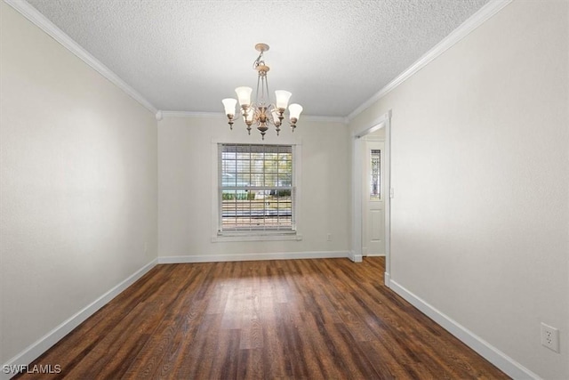 unfurnished dining area with dark wood-type flooring, crown molding, a textured ceiling, and a notable chandelier