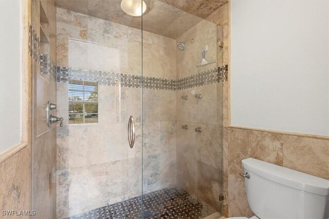 bathroom with walk in shower, tile walls, and toilet