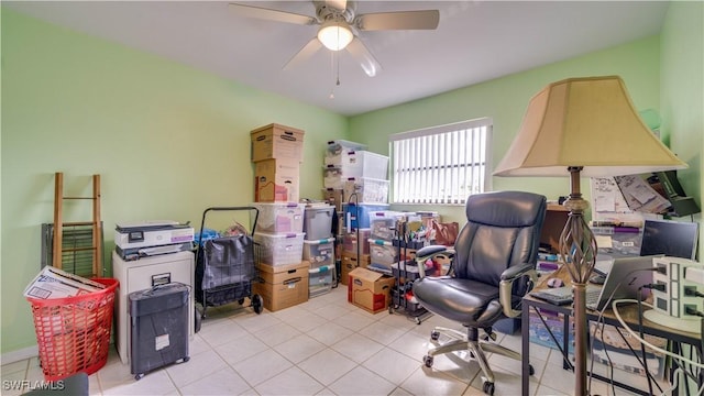 home office featuring ceiling fan and light tile patterned floors