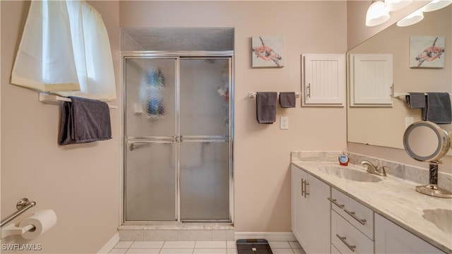 bathroom featuring tile patterned flooring, vanity, and walk in shower