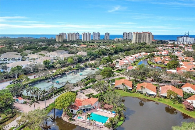 drone / aerial view featuring a water view