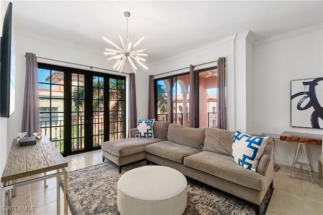 tiled living room featuring crown molding, a wealth of natural light, an inviting chandelier, and french doors