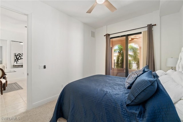 bedroom with ceiling fan, light tile patterned floors, and access to outside