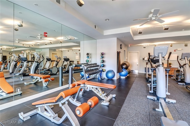 workout area with ceiling fan