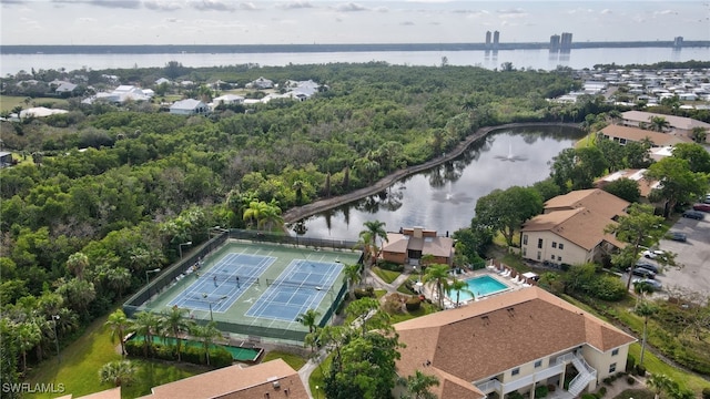 aerial view featuring a water view