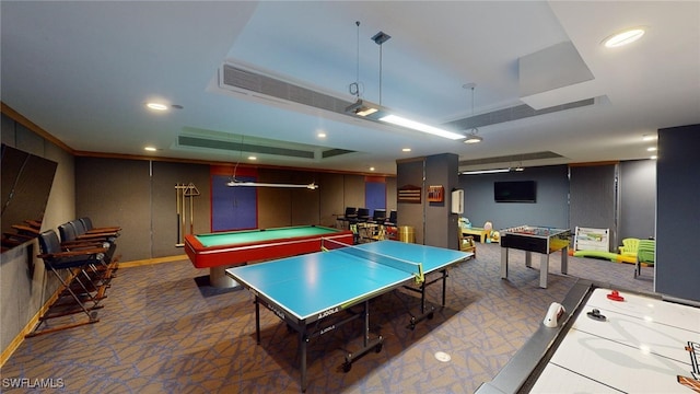 playroom featuring pool table and a raised ceiling