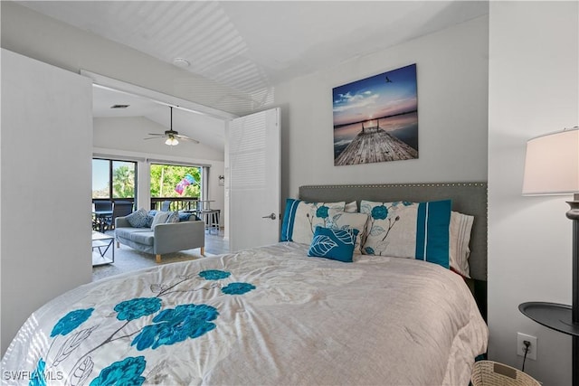 bedroom with vaulted ceiling, access to outside, and ceiling fan