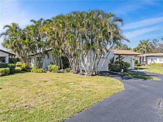 obstructed view of property with a garage and a front lawn