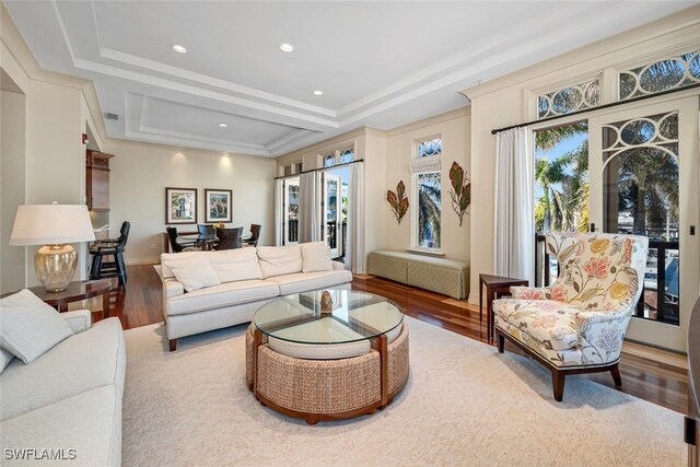 living room with hardwood / wood-style flooring and a raised ceiling