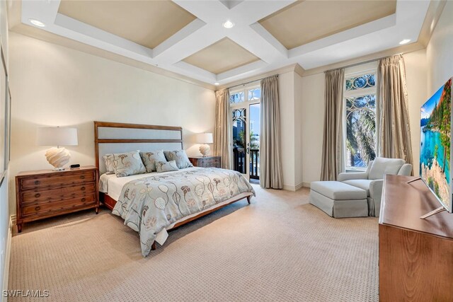 bedroom with multiple windows, coffered ceiling, light colored carpet, and beamed ceiling