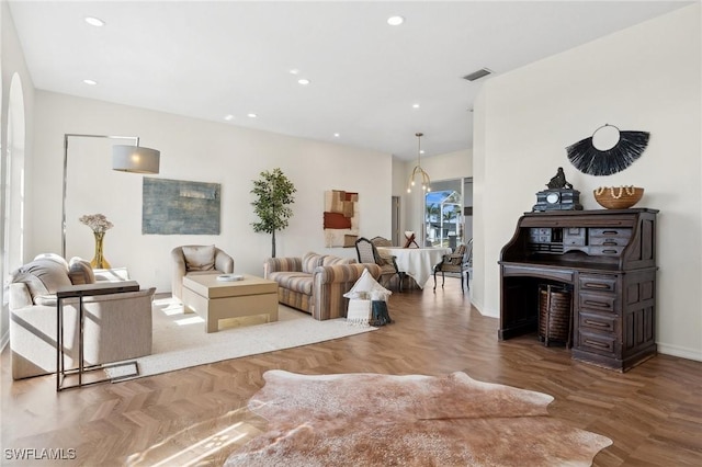 living room with parquet floors