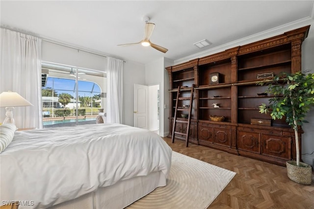 bedroom featuring access to outside, dark parquet floors, and ceiling fan