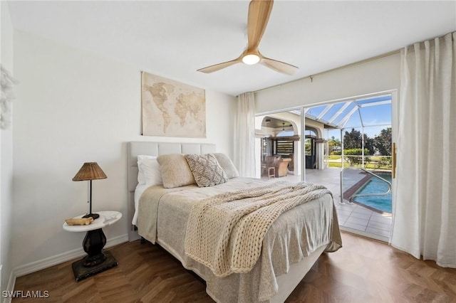 bedroom with parquet flooring, access to exterior, and ceiling fan