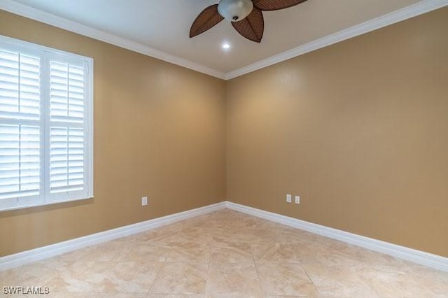 spare room with light tile patterned floors, ornamental molding, and ceiling fan