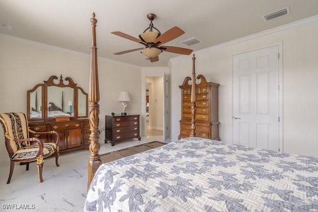 bedroom featuring ornamental molding, light carpet, and ceiling fan