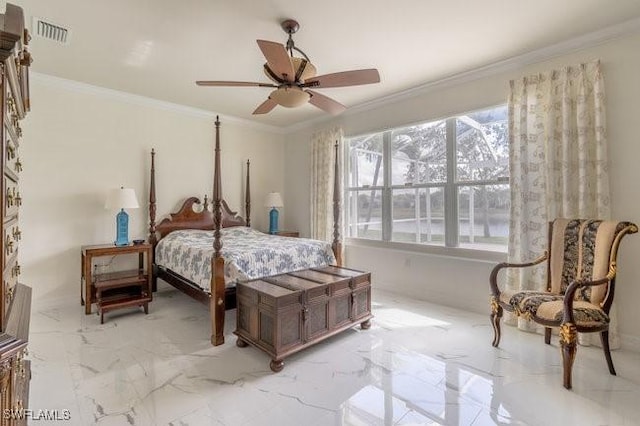 bedroom featuring ornamental molding and ceiling fan