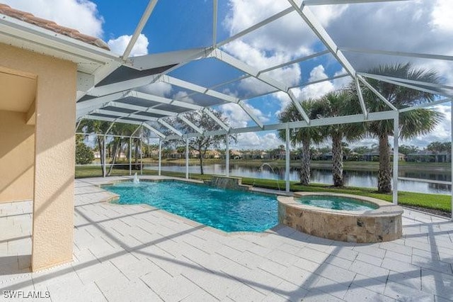 view of pool with a water view, pool water feature, a lanai, and a patio area