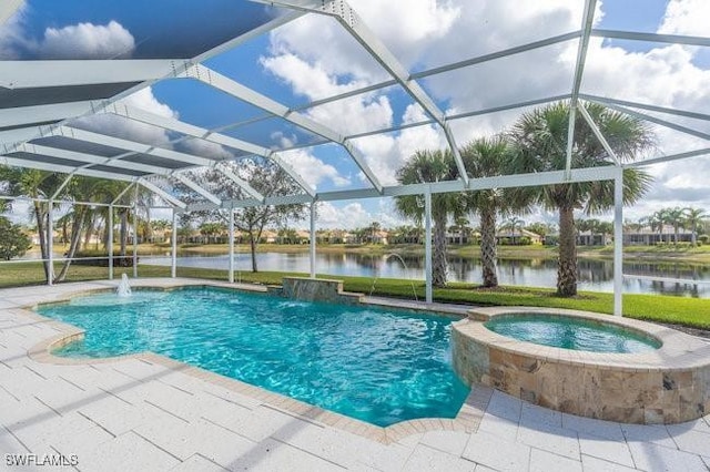 view of swimming pool featuring pool water feature, a water view, and glass enclosure