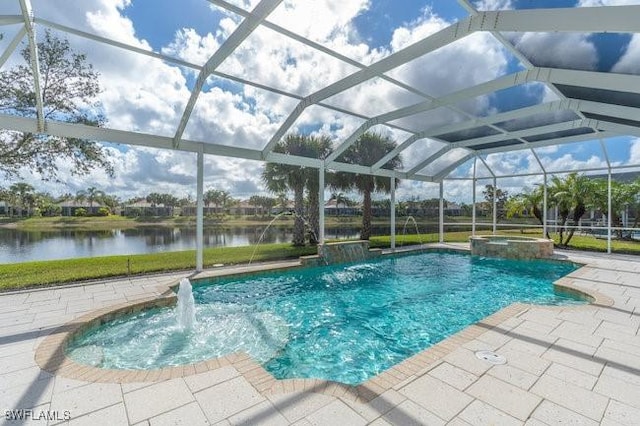 view of pool with an in ground hot tub, pool water feature, a lanai, a water view, and a patio area