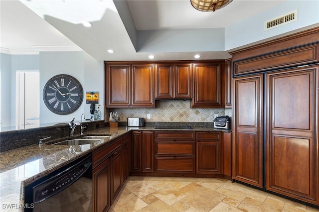 kitchen with sink, tasteful backsplash, crown molding, dishwasher, and dark stone counters