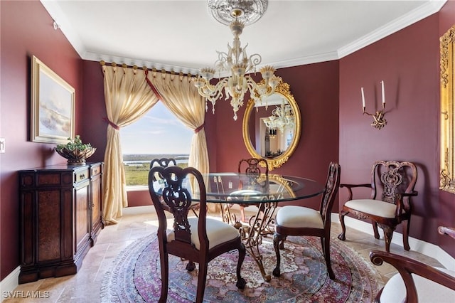 dining room with a notable chandelier and ornamental molding