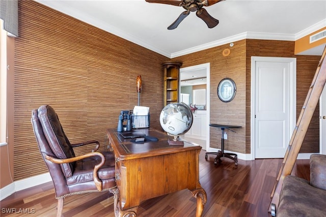 office space featuring dark wood-type flooring, ceiling fan, and crown molding