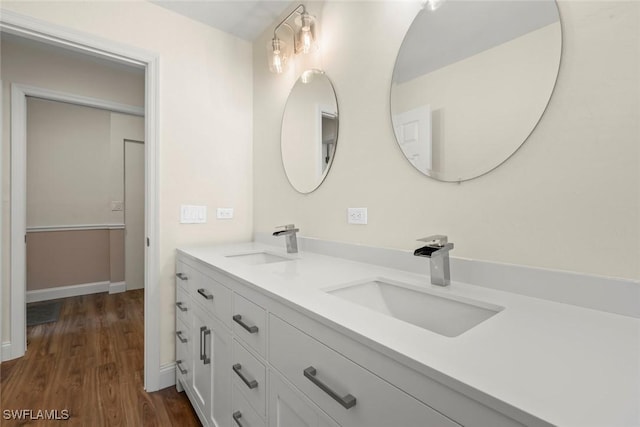 bathroom with hardwood / wood-style flooring and vanity