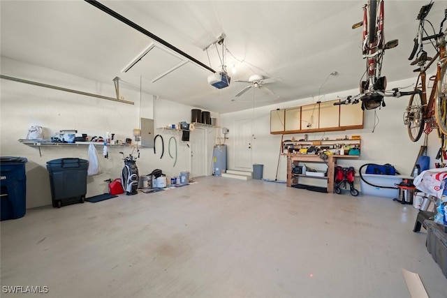 garage featuring a garage door opener, electric water heater, and electric panel