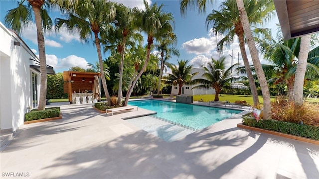 view of swimming pool featuring a patio area and exterior bar