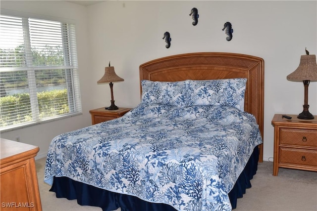 bedroom featuring light carpet and multiple windows