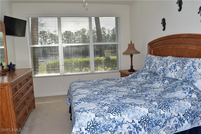 bedroom featuring light carpet