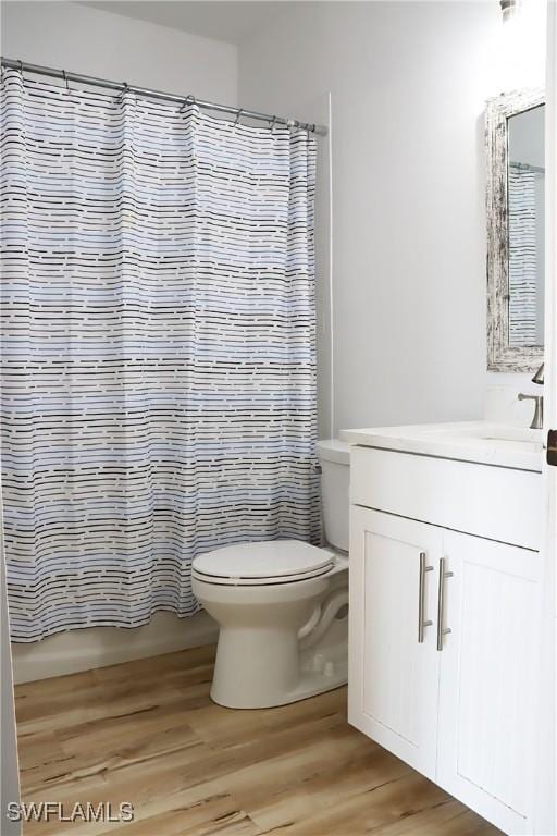 bathroom featuring vanity, hardwood / wood-style floors, and toilet