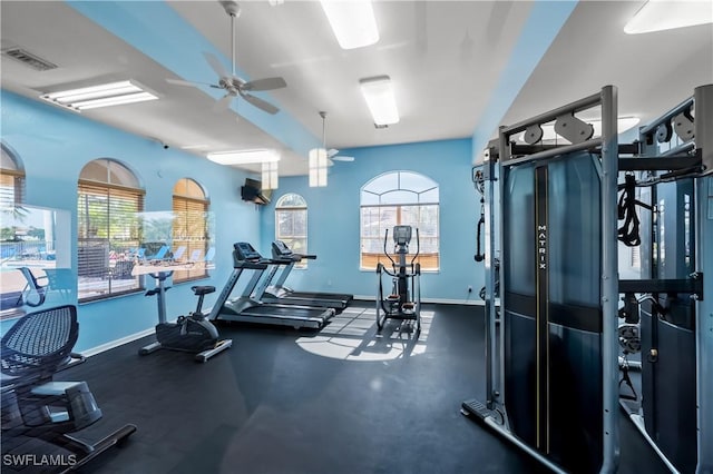 workout area with ceiling fan