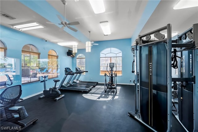 exercise room with visible vents, baseboards, and ceiling fan