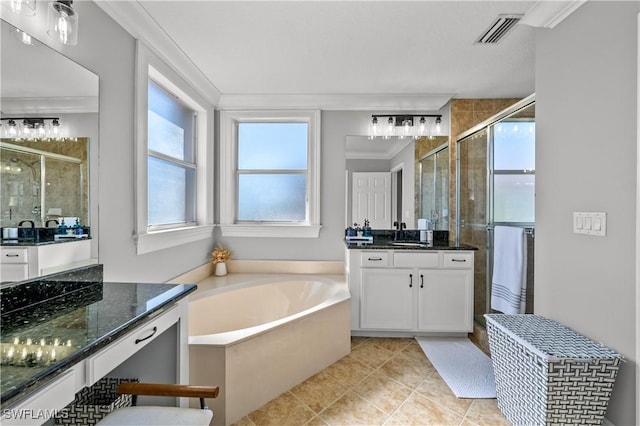 bathroom with vanity, tile patterned flooring, crown molding, and shower with separate bathtub