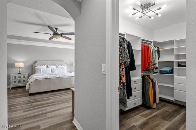 spacious closet with arched walkways, ceiling fan with notable chandelier, and wood finished floors