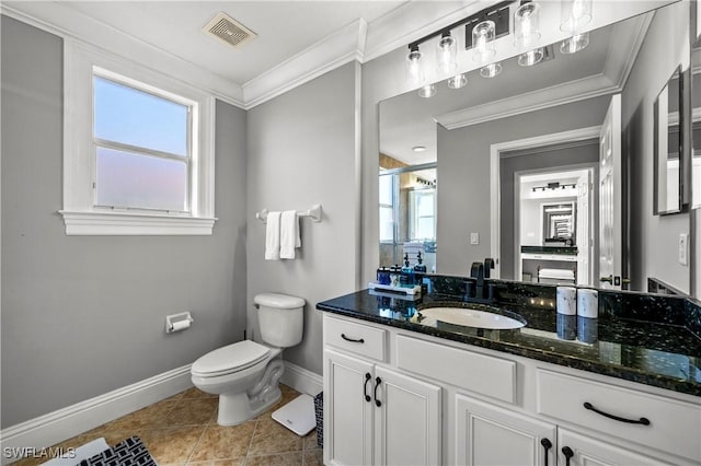 full bath with ornamental molding, visible vents, tile patterned flooring, toilet, and baseboards
