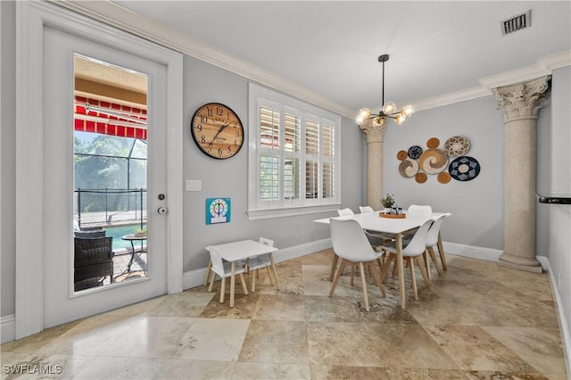 dining area featuring crown molding, an inviting chandelier, stone finish flooring, visible vents, and baseboards
