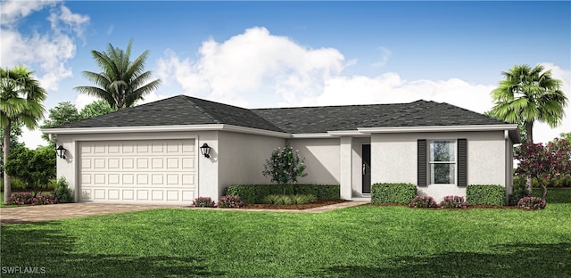 single story home with decorative driveway, stucco siding, a shingled roof, a garage, and a front lawn