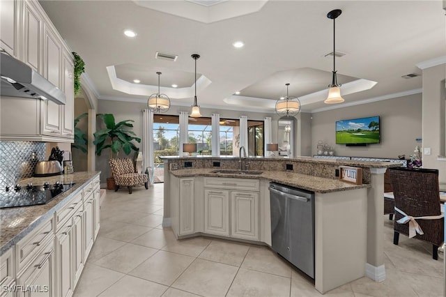 kitchen with black electric stovetop, a raised ceiling, visible vents, a sink, and dishwasher