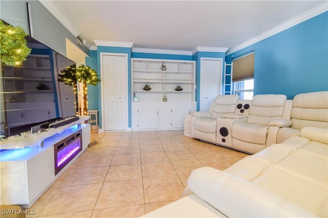 living room with light tile patterned floors and crown molding