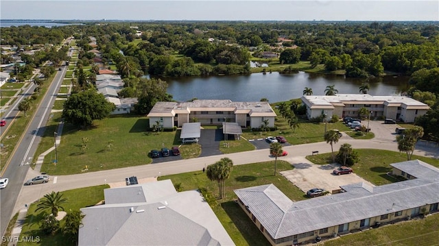 bird's eye view with a water view