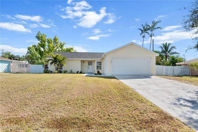 single story home featuring a garage and a front yard