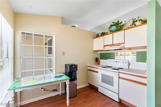 kitchen with white cabinetry, wood-type flooring, and electric range