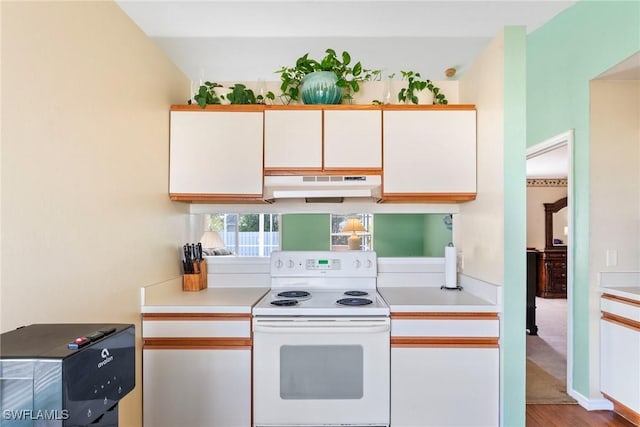 kitchen featuring electric stove, white cabinetry, and light hardwood / wood-style flooring